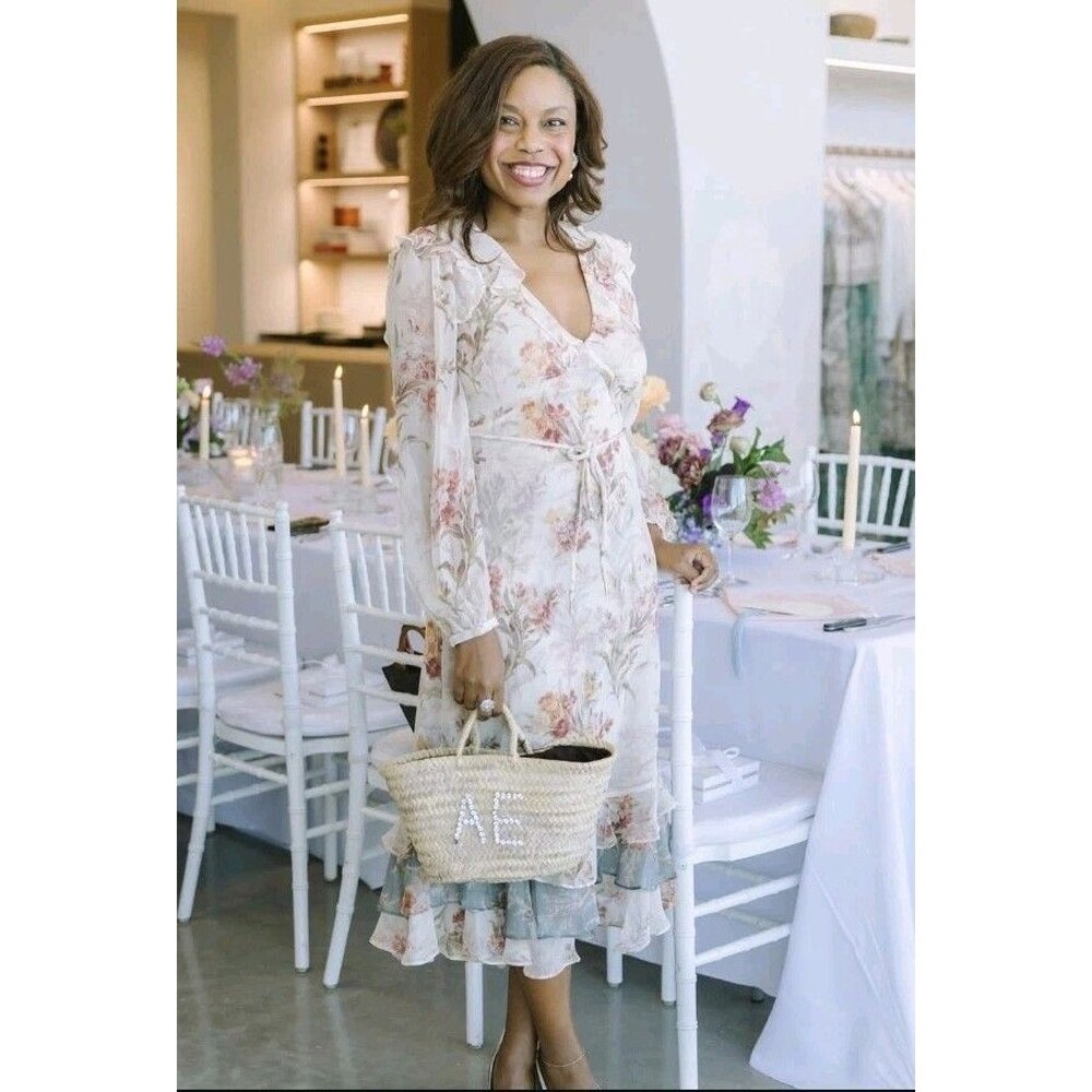 Christy Lynn Silk Floral Midi Dress in Ivory Brocade Chiffon Size XS MSR$795